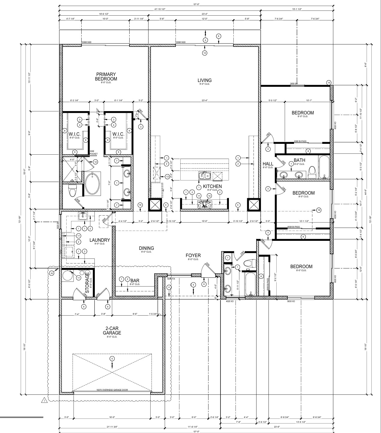 Floor plan of 5507 E Pinchot showing the primary suite, living room, kitchen, dining area, bar, laundry, three bedrooms, and a 2-car garage on a single level