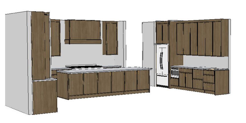 Rendering of the 5507 E Pinchot kitchen layout showing the island, range wall, and tall cabinetry